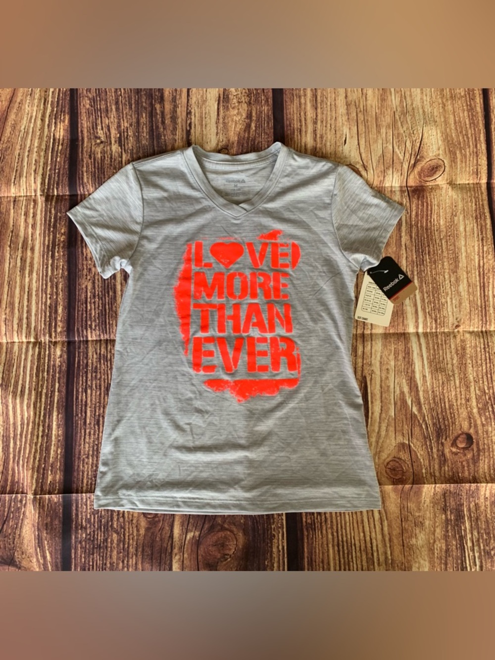 NWT Reebok Girl's Short Sleeve V-Neck Love More Than Ever Gray Top Sz: M 10-12